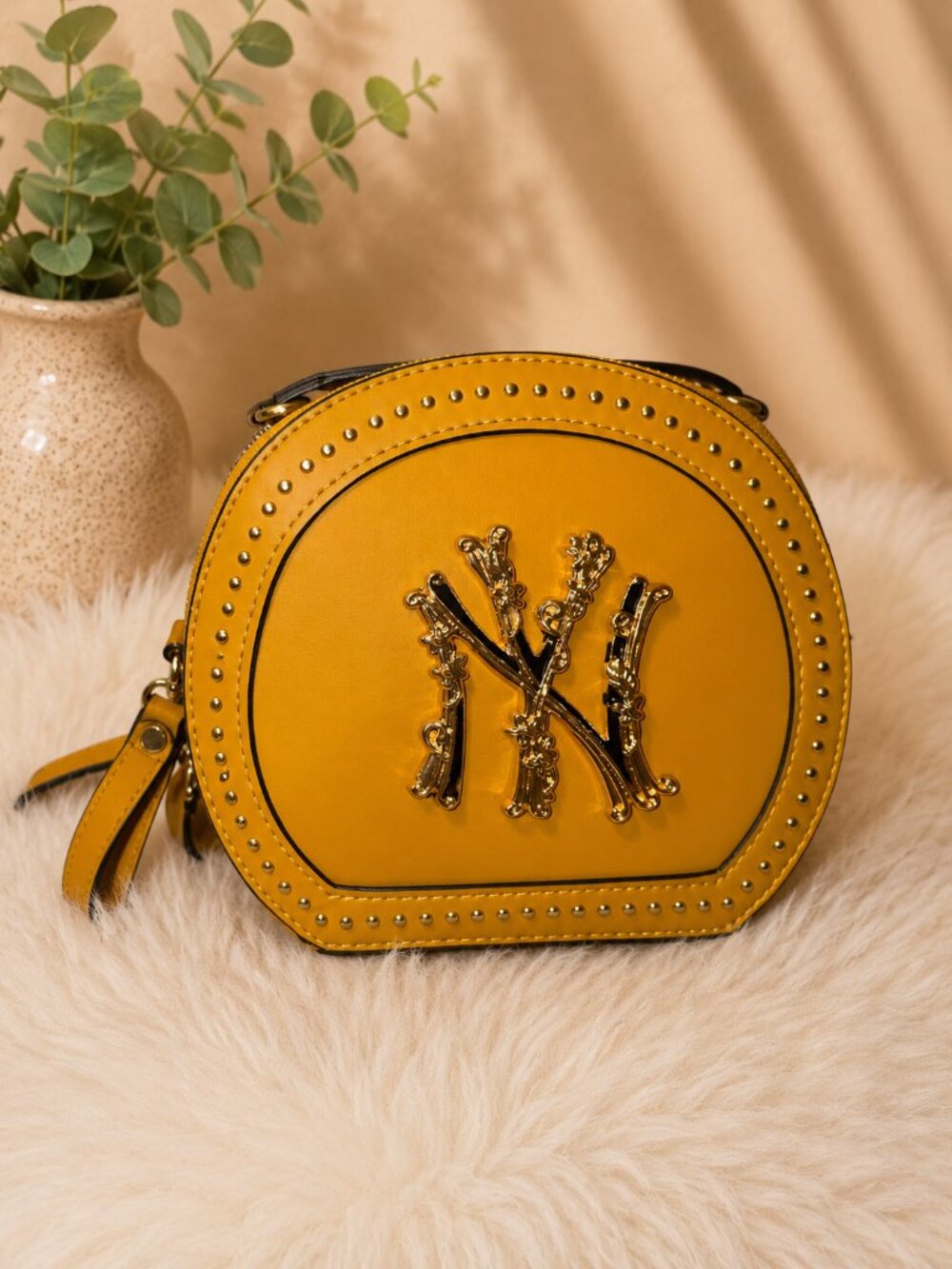 NY Yankees Inspired Mustard Yellow Round Crossbody Bag Studded Purse Gold Hardwa